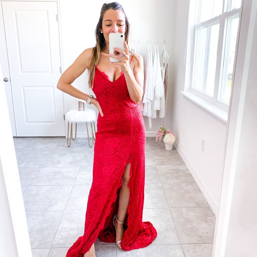 Red Lace Side Slit Sexy Cami Maxi Evening Dress - Picture 7 of 7